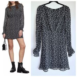NEW The Kooples Printed Mini Bouquet Long Sleeve Mini Dress in Black Sz 1 (US 4)